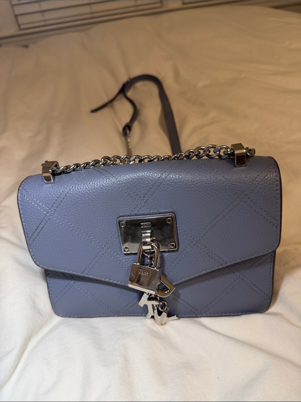 DKNY Dusty Blue Pebbled Leather Shoulder Bag with Silver Chain